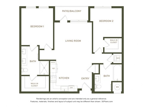 Floor plan for 2 beds, 2 baths, 1031 sqft